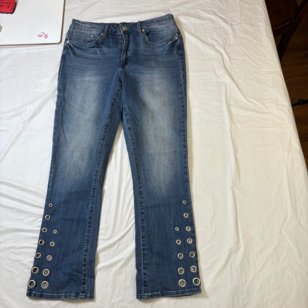 Seven7 Women's Mid Rise Ankle Boot Jeans Medium Wash Grommet Detail Size 10